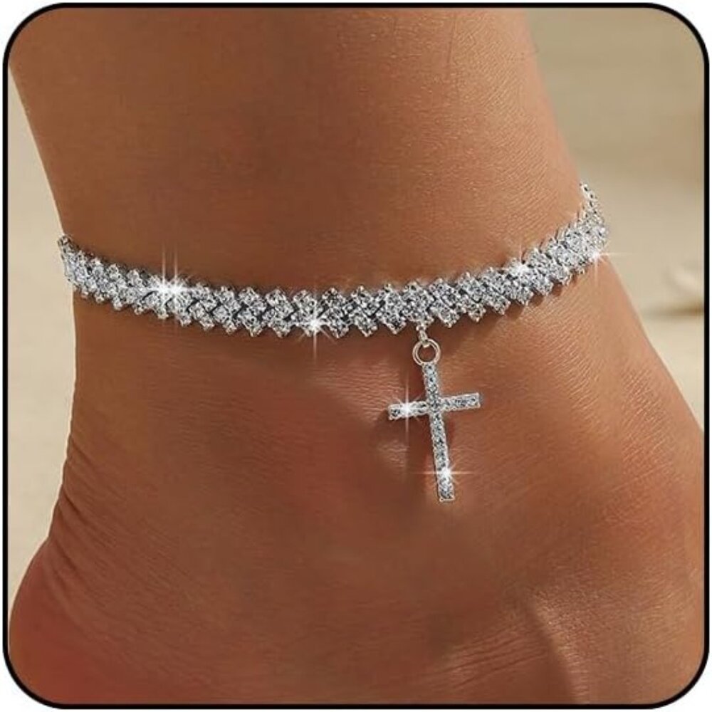 Cross Anklets - Silver Waterproof Diamond Rhinestone for Women